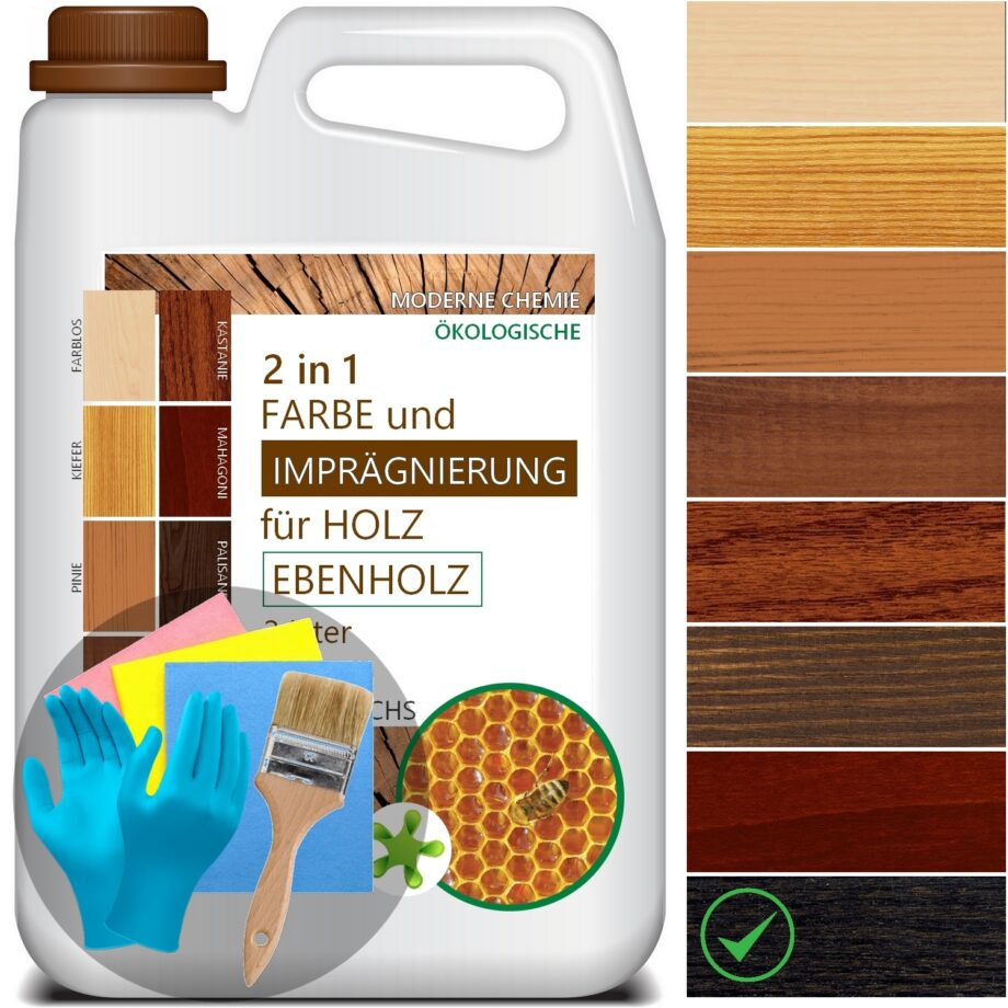 Wetterschutzfarbe für Holz mit Bienenwachs (2in1 Holzfarbe Außen mit Imprägnierung), 2L Holzschutzfarbe für 12m², 8 Farben /Ebenholz, Palisander, Mahagoni, Kastanie, Teak, Pinie, Kiefer +Farblos/+Extras