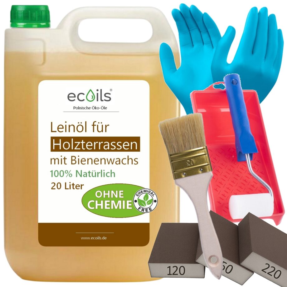 Leinöl für Holzterrassen mit Bienenwachs 20L fur 240m² | 100% Natürliches Holzöl Außenbereich OHNE Chemische Zusätze | Wetterfest Holz Öl Außen, Terrassenöl | Natürlicher Schutz für alle Holzarten