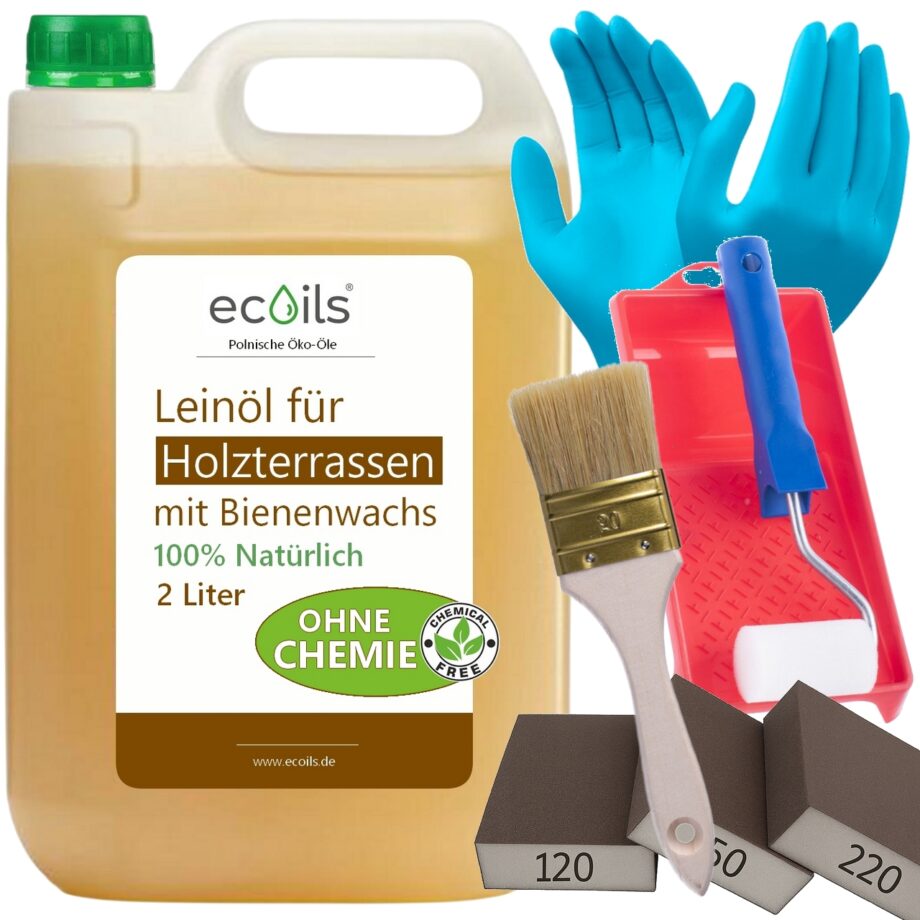 Leinöl für Holzterrassen mit Bienenwachs 2L fur 24m² | 100% Natürliches Holzöl Außenbereich OHNE Chemische Zusätze | Wetterfest Holz Öl Außen, Terrassenöl | Natürlicher Schutz für alle Holzarten