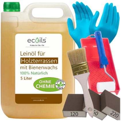 Leinöl für Holzterrassen mit Bienenwachs 5L fur 60m² | 100% Natürliches Holzöl Außenbereich OHNE Chemische Zusätze | Wetterfest Holz Öl Außen, Terrassenöl | Natürlicher Schutz für alle Holzarten