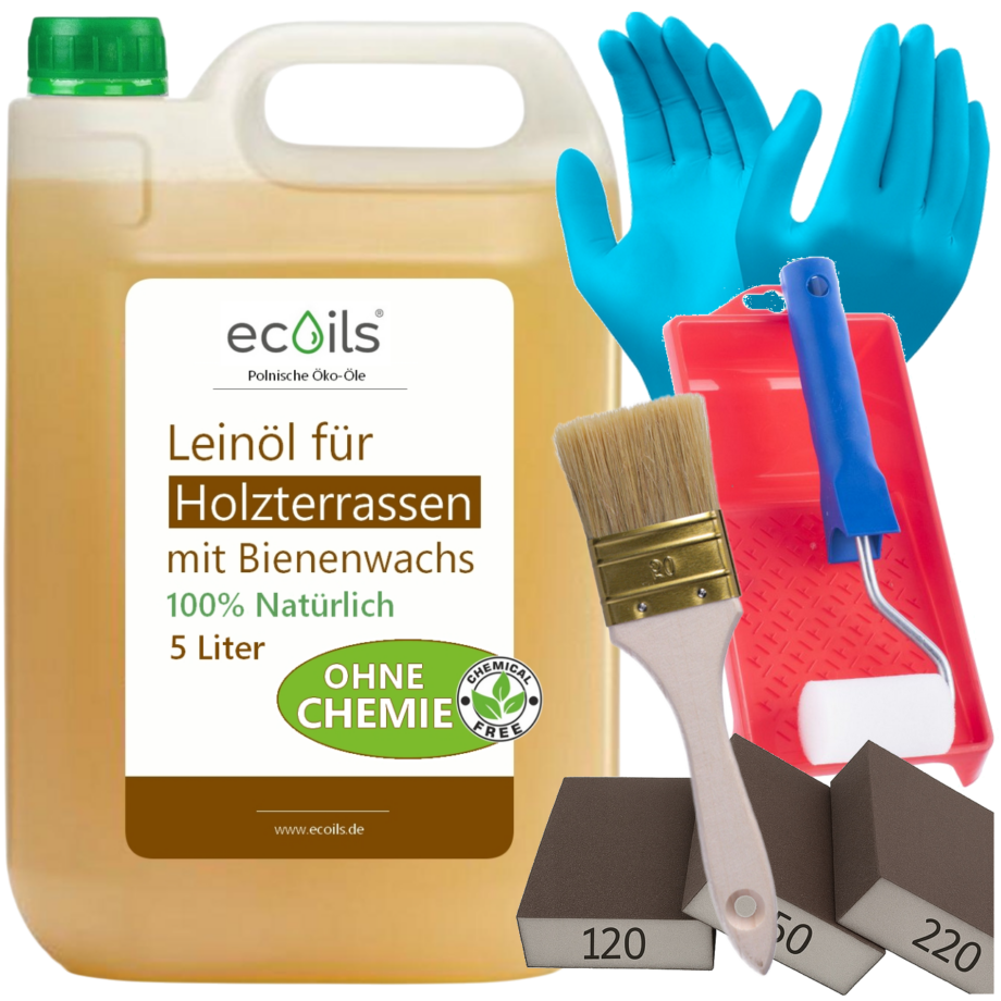 Leinöl für Holzterrassen mit Bienenwachs 5L fur 60m² | 100% Natürliches Holzöl Außenbereich OHNE Chemische Zusätze | Wetterfest Holz Öl Außen, Terrassenöl | Natürlicher Schutz für alle Holzarten