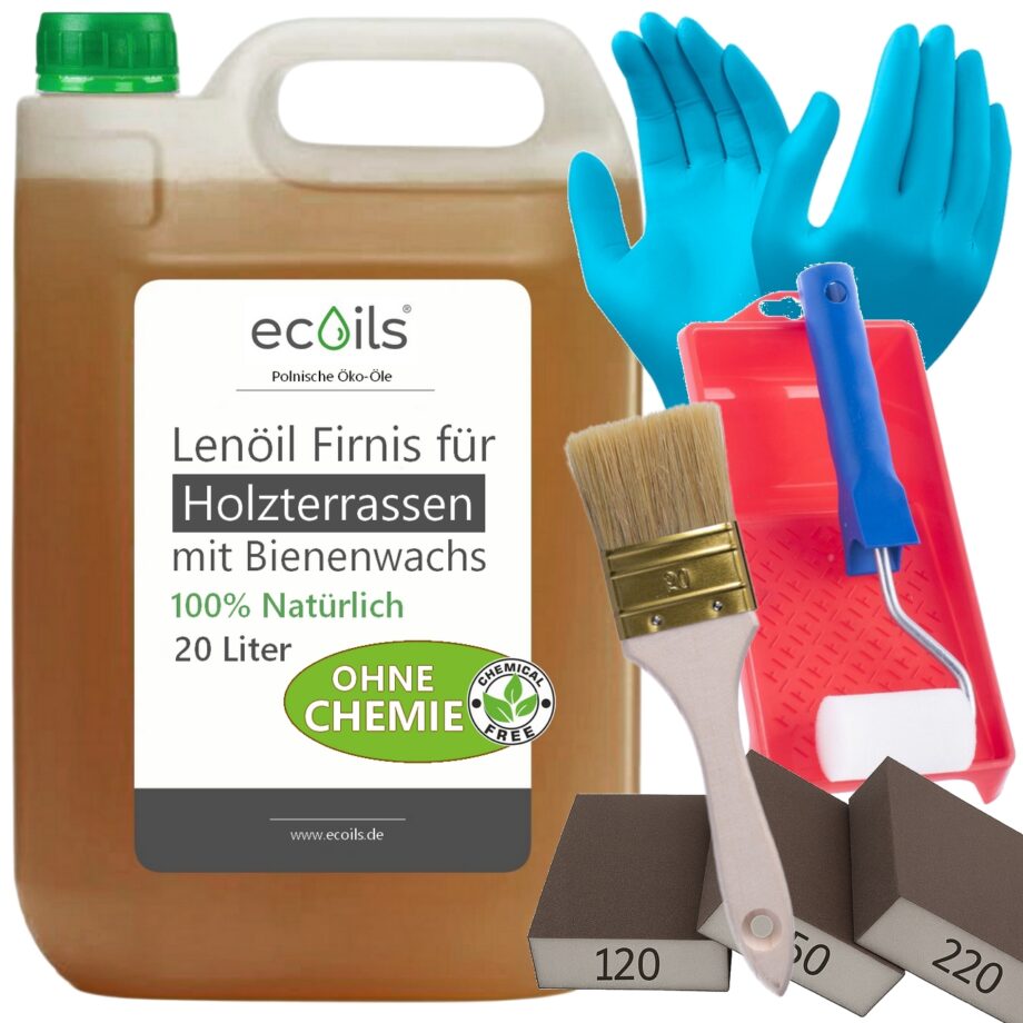 Leinöl-Firnis für Holzterrassen mit Bienenwachs 20L fur 240m² | 100% Natürliches Holzöl Außenbereich OHNE Chemische Zusätze | Wetterfest Holz Öl Außen, Terrassenöl | Natürlicher Schutz für alle Holzarten