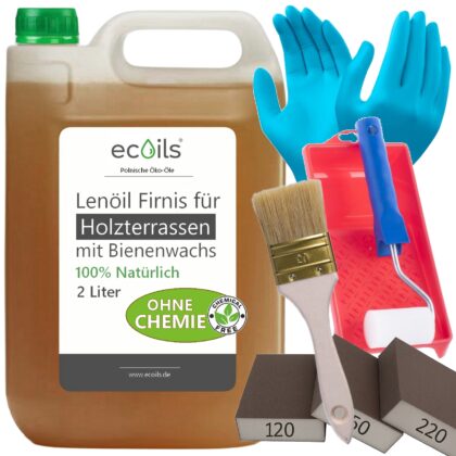 Leinöl-Firnis für Holzterrassen mit Bienenwachs 2L fur 24m² | 100% Natürliches Holzöl Außenbereich OHNE Chemische Zusätze | Wetterfest Holz Öl Außen, Terrassenöl | Natürlicher Schutz für alle Holzarten