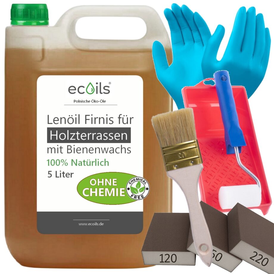 Leinöl-Firnis für Holzterrassen mit Bienenwachs 5L fur 60m² | 100% Natürliches Holzöl Außenbereich OHNE Chemische Zusätze | Wetterfest Holz Öl Außen, Terrassenöl | Natürlicher Schutz für alle Holzarten
